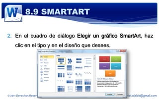 8.9 SMARTART

2. En el cuadro de diálogo Elegir un gráfico SmartArt, haz
     clic en el tipo y en el diseño que desees.




© 2011 Derechos Reservados Daniel Olalde Soto     E-MAIL: daniel.olalde@gmail.com
 