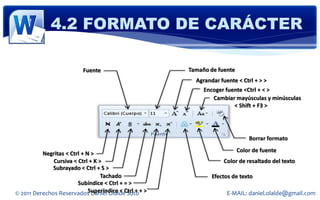 4.2 FORMATO DE CARÁCTER

                         Fuente                     Tamaño de fuente
                                                      Agrandar fuente < Ctrl + > >
                                                         Encoger fuente <Ctrl + < >
                                                            Cambiar mayúsculas y minúsculas
                                                                    < Shift + F3 >




                                                                           Borrar formato
                                                                       Color de fuente
          Negritas < Ctrl + N >
              Cursiva < Ctrl + K >                              Color de resaltado del texto
              Subrayado < Ctrl + S >
                                  Tachado                   Efectos de texto
                        Subíndice < Ctrl + = >
© 2011 Derechos Reservados Daniel Olalde Soto+ >
                             Superíndice < Ctrl +                 E-MAIL: daniel.olalde@gmail.com
 