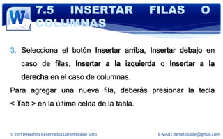 7.5 INSERTAR                        FILAS                 O
            COLUMNAS

3. Selecciona el botón Insertar arriba, Insertar debajo en
     caso de filas, Insertar a la izquierda o Insertar a la
     derecha en el caso de columnas.
Para agregar una nueva fila, deberás presionar la tecla
< Tab > en la última celda de la tabla.


© 2011 Derechos Reservados Daniel Olalde Soto    E-MAIL: daniel.olalde@gmail.com
 