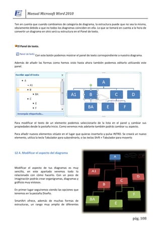 Manual Microsoft Word 2010

Ten en cuenta que cuando cambiamos de categoría de diagrama, la estructura puede que no sea la misma,
obviamente debido a que no todos los diagramas coinciden en ella. Lo que se tomará en cuenta a la hora de
convertir un diagrama en otro será su estructura en el Panel de texto.



  El Panel de texto.


                Con este botón podemos mostrar el panel de texto correspondiente a nuestro diagrama.

Además de añadir las formas como hemos visto hasta ahora también podemos editarlo utilizando este
panel.




Para modificar el texto de un elemento podemos seleccionarlo de la lista en el panel y cambiar sus
propiedades desde la pestaña Inicio. Como veremos más adelante también podrás cambiar su aspecto.

Para añadir nuevos elementos sitúate en el lugar que quieras insertarlo y pulsa INTRO. Se creará un nuevo
elemento, utiliza la tecla Tabulador para subordinarlo, o las teclas Shift + Tabulador para moverlo




12.4. Modificar el aspecto del diagrama



Modificar el aspecto de tus diagramas es muy
sencillo, en este apartado veremos todo lo
relacionado con cómo hacerlo. Con un poco de
imaginación podrás crear organigramas, diagramas y
gráficos muy vistosos.

En primer lugar seguiremos viendo las opciones que
tenemos en la pestaña Diseño.

SmartArt ofrece, además de muchas formas de
estructuras, un rango muy amplio de diferentes



                                                                                              pág. 108
 