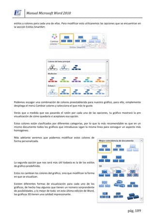 Manual Microsoft Word 2010

estilos y colores para cada una de ellas. Para modificar esto utilizaremos las opciones que se encuentran en
la sección Estilos SmartArt:




Podemos escoger una combinación de colores preestablecida para nuestro gráfico, para ello, simplemente
despliega el menú Cambiar colores y selecciona el que más te guste.

Verás que a medida que vas pasando el ratón por cada una de las opciones, tu gráfico mostrará la pre
visualización de cómo quedaría si aceptases esa opción.

Estos colores están clasificados por diferentes categorías, por lo que lo más recomendable es que en un
mismo documento todos los gráficos que introduzcas sigan la misma línea para conseguir un aspecto más
homogéneo.

Más adelante veremos que podemos modificar estos colores de
forma personalizada.




La segunda opción que nos será más útil todavía es la de los estilos
de gráfico predefinido.

Estos no cambian los colores del gráfico, sino que modifican la forma
en que se visualizan.

Existen diferentes formas de visualización para cada uno de los
gráficos, de hecho hay algunos que tienen un número sorprendente
de posibilidades, y lo mejor de todo: en esta última edición de Word,
los gráficos 3D tienen una calidad impresionante.




                                                                                                pág. 109
 