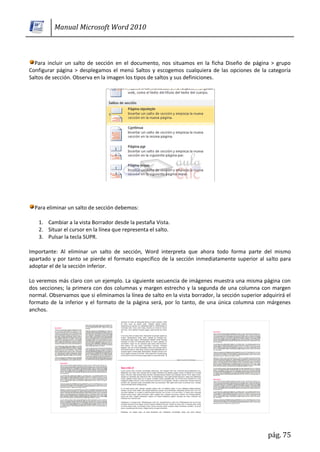 Manual Microsoft Word 2010



  Para incluir un salto de sección en el documento, nos situamos en la ficha Diseño de página > grupo
Configurar página > desplegamos el menú Saltos y escogemos cualquiera de las opciones de la categoría
Saltos de sección. Observa en la imagen los tipos de saltos y sus definiciones.




  Para eliminar un salto de sección debemos:

    1. Cambiar a la vista Borrador desde la pestaña Vista.
    2. Situar el cursor en la línea que representa el salto.
    3. Pulsar la tecla SUPR.

Importante: Al eliminar un salto de sección, Word interpreta que ahora todo forma parte del mismo
apartado y por tanto se pierde el formato específico de la sección inmediatamente superior al salto para
adoptar el de la sección inferior.

Lo veremos más claro con un ejemplo. La siguiente secuencia de imágenes muestra una misma página con
dos secciones; la primera con dos columnas y margen estrecho y la segunda de una columna con margen
normal. Observamos que si eliminamos la línea de salto en la vista borrador, la sección superior adquirirá el
formato de la inferior y el formato de la página será, por lo tanto, de una única columna con márgenes
anchos.




                                                                                                   pág. 75
 
