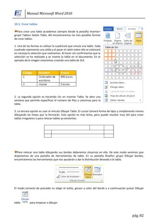 Manual Microsoft Word 2010

10.1. Crear tablas

  Para crear una tabla accedemos siempre desde la pestaña Insertar>
grupo Tablas> botón Tabla. Allí encontraremos las tres posibles formas
de crear tablas:

1. Una de las formas es utilizar la cuadrícula que simula una tabla. Cada
cuadrado representa una celda y al pasar el ratón sobre ella se coloreará
en naranja la selección que realicemos. Al hacer clic confirmamos que la
selección se ha realizado y se inserta la tabla en el documento. En el
ejemplo de la imagen estaríamos creando una tabla de 3x3.




2. La segunda opción es haciendo clic en Insertar Tabla. Se abre una
ventana que permite especificar el número de filas y columnas para la
tabla.

3. La tercera opción es usar el vínculo Dibujar Tabla. El cursor tomará forma de lápiz y simplemente iremos
dibujando las líneas que la formarán. Esta opción es más lenta, pero puede resultar muy útil para crear
tablas irregulares o para retocar tablas ya existentes.




  Para retocar una tabla dibujando sus bordes deberemos situarnos en ella. De este modo veremos que
disponemos de una pestaña de Herramientas de tabla. En su pestaña Diseño> grupo Dibujar bordes,
encontraremos las herramientas que nos ayudarán a dar la distribución deseada a la tabla.




El modo correcto de proceder es elegir el estilo, grosor y color del borde y a continuación pulsar Dibujar



tabla        para empezar a dibujar.



                                                                                                 pág. 82
 
