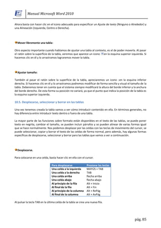 Manual Microsoft Word 2010

Ahora basta con hacer clic en el icono adecuado para especificar un Ajuste de texto (Ninguno o Alrededor) y
una Alineación (Izquierda, Centro o Derecha).



  Mover libremente una tabla:

Otro aspecto importante cuando hablamos de ajustar una tabla al contexto, es el de poder moverla. Al pasar
el ratón sobre la superfície de la tabla, veremos que aparece un icono en la esquina superior izquierda. Si
hacemos clic en él y lo arrastramos lograremos mover la tabla.



  Ajustar tamaño:

También al pasar el ratón sobre la superfície de la tabla, apreciaremos un icono en la esquina inferior
derecha. Si hacemos clic en él y lo arrastramos podremos modificar de forma sencilla y visual el tamaño de la
tabla. Deberemos tener en cuenta que el sistema siempre modificará la altura del borde inferior y la anchura
del borde derecho. De esta forma su posición no variará, ya que el punto que indica la posición de la tabla es
la esquina superior izquierda.

10.5. Desplazarse, seleccionar y borrar en las tablas

Una vez tenemos creada la tabla vamos a ver cómo introducir contenido en ella. En términos generales, no
hay diferencia entre introducir texto dentro o fuera de una tabla.

La mayor parte de las funciones sobre formato están disponibles en el texto de las tablas, se puede poner
texto en negrita, cambiar el tamaño, se pueden incluir párrafos y se pueden alinear de varias formas igual
que se hace normalmente. Nos podemos desplazar por las celdas con las teclas de movimiento del cursor, se
puede seleccionar, copiar y borrar el texto de las celdas de forma normal, pero además, hay algunas formas
específicas de desplazarse, seleccionar y borrar para las tablas que vamos a ver a continuación.



  Desplazarse.

Para colocarse en una celda, basta hacer clic en ella con el cursor.

                                Para desplazarse               Presione las teclas
                                Una celda a la izquierda       MAYÚS + TAB
                                Una celda a la derecha         TAB
                                Una celda arriba               flecha arriba
                                Una celda abajo                flecha abajo
                                Al principio de la fila        Alt + Inicio
                                Al final de la fila            Alt + Fin
                                Al principio de la columna     Alt + RePág
                                Al final de la columna         Alt + AvPág

Al pulsar la tecla TAB en la última celda de la tabla se crea una nueva fila.




                                                                                                    pág. 85
 