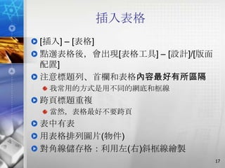 插入表格
[插入] – [表格]
點選表格後，會出現[表格工具] – [設計]/[版面
配置]
注意標題列、首欄和表格內容最好有所區隔
 我常用的方式是用不同的網底和框線
跨頁標題重複
 當然，表格最好不要跨頁
表中有表
用表格排列圖片(物件)
對角線儲存格：利用左(右)斜框線繪製
                             17
 