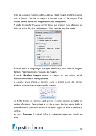 Entre as opções de recolorir podemos colocar nossa imagem em tons de cinza,
preto e branco, desbotar a imagem e remover uma cor da imagem. Este
recurso permite definir uma imagem com fundo transparente.
A opção Compactar Imagens permite deixar sua imagem mais adequada ao
editor de textos. Ao clicar nesta opção o Word mostra a seguinte janela.




Pode-se aplicar a compactação a imagem selecionada, ou a todas as imagens
do texto. Podemos alterar a resolução da imagem.
A opção Redefinir Imagem retorna a imagem ao seu estado inicial,
abandonando todas as alterações feitas.
O próximo grupo chama-se Sombra, como o próprio nome diz, permite
adicionar uma sombra a imagem que foi inserida.




No botão Efeitos de Sombra, você poderá escolher algumas posições de
sombra (Projetada, Perspectiva) e cor da sombra. Ao lado deste botão é
possível definir a posição da sombra e no meio a opção de ativar e desativar a
sombra.
No grupo Organizar é possível definir a posição da imagem em relação ao
texto.




                                                                           39
 