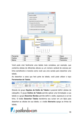 Paciente       Idade           Altura         Peso            Sexo
Carlos         20              1,80           80              Masculino
Maria          56              1,60           65              Feminino

Você pode criar facilmente uma tabela mais complexa, por exemplo, que
contenha células de diferentes alturas ou um número variável de colunas por
linha semelhante à maneira como você usa uma caneta para desenhar uma
tabela.
Ao desenhar a caixa que fará parte da tabela, você pode utilizar o topo
Ferramentas de Tabela.




Através do grupo Opções de Estilo de Tabela é possível definir células de
cabeçalho. O grupo Estilos de Tabela permite aplicar uma formatação a sua
tabela e o grupo Desenhar Bordas permite definir o estilo, espessura e cor da
linha. O botão Desenhar Tabela transforma seu cursor em um lápis para
desenhar as células de sua tabela, e o botão Borracha apaga as linhas da
tabela.



                                                                          56
 