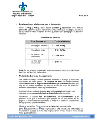 Universidad Veracruzana
Facultad de Enfermería
Región Poza Rica - Tuxpan Word 2010
M.T.I.
Omar
Hernández
Vidal
Computación
Básica
13
· Desplazamientos a lo largo de todo el documento:
Teclas AvPág y RePág. Estas teclas avanzan y retroceden una pantalla
completa. Observad que no es lo mismo una pantalla que una página. El tamaño
de la pantalla lo limita el monitor mientras que la longitud de la página la definimos
nosotros.
Combinación de teclas.
· Para desplazarse · Presione las teclas
· Una página adelante · Crtl + AvPág.
· Una página atrás · Crtl + RePág.
· Al principio del
documento
· Crtl + Inicio
· Al final del
documento
· Crtl + Fin
Nota: En los teclados en ingles las teclas tienen otros nombres: Inicio=Home,
Fin=End, AvPág=Pup, RePág=Pdn
· Mediante las Barras de desplazamiento.
Las barras de desplazamiento permiten movernos a lo largo y ancho del
documento de forma gráfica. La longitud de barra de desplazamiento
vertical representa la longitud del documento yel cuadrado pequeño que
hay en su interior representa la posición actual del punto de inserción.
Podemos desplazarnos de las siguientes formas:
Haciendo clic en cualquier posición por encima/debajo del cuadro nos
desplazaremos una pantalla hacia arriba/debajo del documento.
Arrastrando el cuadro nos desplazaremos proporcionalmente a la
posición en la que lo movamos, por ejemplo, en un documento de 20
páginas si arrastramos el cuadro hacia la mitad de la barra nos colocaremos
en la página 10 aproximadamente.
Mediante las flechas. Si hacemos clic en la fecha o triángulo de la
parte superior/inferior nos desplazaremos una línea hacia arriba/abajo. Si
mantenemos pulsada la flecha nos desplazaremos línea a línea de forma rápida
hasta que la soltemos.