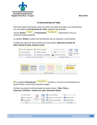 Universidad Veracruzana
Facultad de Enfermería
Región Poza Rica - Tuxpan Word 2010
M.T.I.
Omar
Hernández
Vidal
Computación
Básica
41
7.2 Herramientas de Tabla
Para abrir éstas herramientas, hacer clic sobre una celda de la tabla y nos encontramos
con que debajo de Herramientas de Tabla, aparecen dos pestañas
nuevas Diseño y Presentación . Observemos cómo se
componen ambas pestañas.
La pestaña Diseño muestra las herramientas que se observan a continuación.
Contiene los grupos de herramientas de acceso directo: Opciones de estilo de
tabla, Estilos de tabla, Dibujar bordes.
La pestaña Presentación muestra un conjunto de herramientas de
acceso directo, como el de la siguiente imagen.
Contiene los grupos de herramientas de acceso directo: Tabla, Filas y
columnas, Combinar, Tamaño de celda, Alineación,Datos.