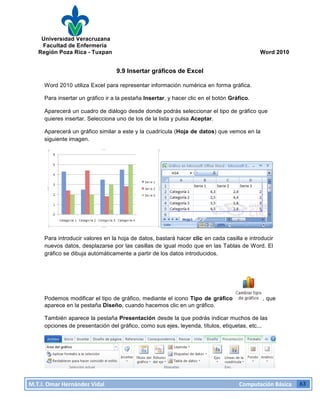 Universidad Veracruzana
Facultad de Enfermería
Región Poza Rica - Tuxpan Word 2010
M.T.I.
Omar
Hernández
Vidal
Computación
Básica
63
9.9 Insertar gráficos de Excel
Word 2010 utiliza Excel para representar información numérica en forma gráfica.
Para insertar un gráfico ir a la pestaña Insertar, y hacer clic en el botón Gráfico.
Aparecerá un cuadro de diálogo desde donde podrás seleccionar el tipo de gráfico que
quieres insertar. Selecciona uno de los de la lista y pulsa Aceptar.
Aparecerá un gráfico similar a este y la cuadrícula (Hoja de datos) que vemos en la
siguiente imagen.
Para introducir valores en la hoja de datos, bastará hacer clic en cada casilla e introducir
nuevos datos, desplazarse por las casillas de igual modo que en las Tablas de Word. El
gráfico se dibuja automáticamente a partir de los datos introducidos.
Podemos modificar el tipo de gráfico, mediante el icono Tipo de gráfico , que
aparece en la pestaña Diseño, cuando hacemos clic en un gráfico.
También aparece la pestaña Presentación desde la que podrás indicar muchos de las
opciones de presentación del gráfico, como sus ejes, leyenda, títulos, etiquetas, etc...