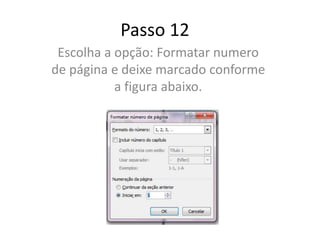Passo 12
Escolha a opção: Formatar numero
de página e deixe marcado conforme
a figura abaixo.
 