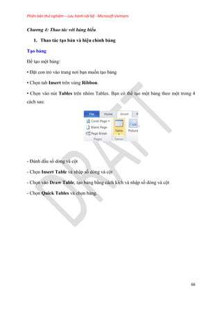 Phiên bản thử nghiệm – Lưu hành nội bộ - Microsoft Vietnam
66
Chương 4: Thao tác với bảng biểu
1. Thao tác t o bản và hi u...