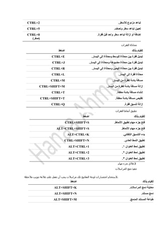 .‫لألسطر‬ ‫مزدوج‬ ‫تباعد‬CTRL+2
.‫ونصف‬ ‫سطر‬ ‫تباعد‬ ‫تعيين‬CTRL+5
‫إزا‬ ‫أو‬ ‫إضافة‬.‫فقرة‬ ‫قبل‬ ‫واحد‬ ‫سطر‬ ‫تباعد‬ ‫لة‬CTRL+0
)‫(صفر‬
‫الفقرات‬ ‫محاذاة‬
‫بذلك‬ ‫للقيام‬‫اضغط‬
.‫اليسار‬ ‫إلى‬ ‫ومحاذاة‬ ‫للوسط‬ ‫محاذاة‬ ‫بين‬ ‫فقرة‬ ‫تبديل‬CTRL+E
.‫اليسار‬ ‫إلى‬ ‫ومحاذاة‬ ‫مضبوطة‬ ‫محاذاة‬ ‫بين‬ ‫فقرة‬ ‫تبديل‬CTRL+J
.‫اليسار‬ ‫إلى‬ ‫ومحاذاة‬ ‫لليمين‬ ‫محاذاة‬ ‫بين‬ ‫فقرة‬ ‫تبديل‬CTRL+R
‫فقرة‬ ‫محاذاة‬.‫اليسار‬ ‫إلى‬CTRL+L
.‫اليسار‬ ‫من‬ ‫لفقرة‬ ‫بادئة‬ ‫مسافة‬CTRL+M
.‫اليسار‬ ‫من‬ ‫لفقرة‬ ‫بادئة‬ ‫مسافة‬ ‫إزالة‬CTRL+SHIFT+M
.‫معلقة‬ ‫بادئة‬ ‫مسافة‬ ‫إنشاء‬CTRL+T
.‫معلقة‬ ‫بادئة‬ ‫مسافة‬ ‫تقليص‬CTRL+SHIFT+T
.‫فقرة‬ ‫تنسيق‬ ‫إزالة‬CTRL+Q
‫الفقرات‬ ‫أنماط‬ ‫تطبيق‬
‫بذلك‬ ‫للقيام‬‫اضغط‬
‫مهام‬ ‫جزء‬ ‫فتح‬‫األنماط‬ ‫تطبيق‬.CTRL+SHIFT+S
‫مهام‬ ‫جزء‬ ‫فتح‬‫األنماط‬.ALT+CTRL+SHIFT+S
.‫التلقائي‬ ‫التنسيق‬ ‫بدء‬ALT+CTRL+K
.‫العادي‬ ‫النمط‬ ‫تطبيق‬CTRL+SHIFT+N
‫العنوان‬ ‫نمط‬ ‫تطبيق‬1.ALT+CTRL+1
‫العنوان‬ ‫نمط‬ ‫تطبيق‬0.ALT+CTRL+2
‫العنوان‬ ‫نمط‬ ‫تطبيق‬3.ALT+CTRL+3
‫مهام‬ ‫جزء‬ ‫إلغالق‬
‫المراسالت‬ ‫دمج‬ ‫تنفيذ‬
‫مالحظة‬ ‫تبويب‬ ‫عالمة‬ ‫على‬ ‫تعمل‬ ‫أن‬ ‫يجب‬ ‫مراسالت‬ ‫تلك‬ ‫المفاتيح‬ ‫لوحة‬ ‫اختصارات‬ ‫.الستخدام‬
‫بذلك‬ ‫للقيام‬‫اضغط‬
.‫المراسالت‬ ‫دمج‬ ‫معاينة‬ALT+SHIFT+K
.‫مستند‬ ‫دمج‬ALT+SHIFT+N
.‫المدمج‬ ‫المستند‬ ‫طباعة‬ALT+SHIFT+M
 