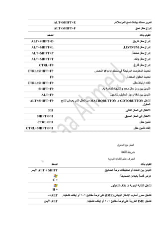 .‫المراسالت‬ ‫دمج‬ ‫بيانات‬ ‫مستند‬ ‫تحرير‬ALT+SHIFT+E
.‫دمج‬ ‫حقل‬ ‫إدراج‬ALT+SHIFT+F
‫الحقول‬ ‫مع‬ ‫العمل‬
‫اللغة‬ ‫شريط‬
‫اليدوية‬ ‫الكتابة‬ ‫على‬ ‫التعرف‬
‫بذلك‬ ‫للقيام‬‫اضغط‬
.‫المفاتيح‬ ‫لوحة‬ ‫تخطيطات‬ ‫أو‬ ‫اللغات‬ ‫بين‬ ‫التبديل‬ALT + SHIFT‫األيسر‬
.‫الصحيحة‬ ‫بالبدائل‬ ‫قائمة‬ ‫عرض‬
+C
‫ا‬ ‫تشغيل‬.‫تشغيلها‬ ‫إيقاف‬ ‫أو‬ ‫اليدوية‬ ‫لكتابة‬
+H
( ‫الياباني‬ ‫اإلدخال‬ ‫أسلوب‬ ‫محرر‬ ‫تشغيل‬IME‫مفاتيح‬ ‫لوحة‬ ‫على‬ )121.‫تشغيله‬ ‫إيقاف‬ ‫أو‬ALT~+
‫تشغيل‬IME‫مفاتيح‬ ‫لوحة‬ ‫على‬ ‫الكورية‬121.‫تشغيله‬ ‫إيقاف‬ ‫أو‬ALT‫األيمن‬
‫بذلك‬ ‫للقيام‬‫اضغط‬
.‫تاريخ‬ ‫حقل‬ ‫إدراج‬ALT+SHIFT+D
‫حقل‬ ‫إدراج‬LISTNUM.ALT+SHIFT+L
.‫صفحة‬ ‫حقل‬ ‫إدراج‬ALT+SHIFT+P
.‫وقت‬ ‫حقل‬ ‫إدراج‬ALT+SHIFT+T
.‫فارغ‬ ‫حقل‬ ‫إدراج‬CTRL+F9
‫مستند‬ ‫في‬ ‫المرتبطة‬ ‫المعلومات‬ ‫تحديث‬Word.‫المصدر‬CTRL+SHIFT+F7
.‫المحددة‬ ‫الحقول‬ ‫تحديث‬F9
‫إلغاء‬.‫حقل‬ ‫ارتباط‬CTRL+SHIFT+F9
.‫به‬ ‫الخاصة‬ ‫والنتيجة‬ ‫محدد‬ ‫حقل‬ ‫رمز‬ ‫بين‬ ‫التبديل‬SHIFT+F9
.‫ونتائجها‬ ‫الحقول‬ ‫رموز‬ ‫كافة‬ ‫بين‬ ‫التبديل‬ALT+F9
‫تشغيل‬GOTOBUTTON‫أو‬MACROBUTTON‫نتائج‬ ‫يعرض‬ ‫الذي‬ ‫الحقل‬ ‫من‬
.‫الحقول‬
ALT+SHIFT+F9
.‫التالي‬ ‫الحقل‬ ‫إلى‬ ‫االنتقال‬F11
‫الح‬ ‫إلى‬ ‫االنتقال‬.‫السابق‬ ‫قل‬SHIFT+F11
.‫حقل‬ ‫تأمين‬CTRL+F11
.‫حقل‬ ‫تأمين‬ ‫إلغاء‬CTRL+SHIFT+F11
 