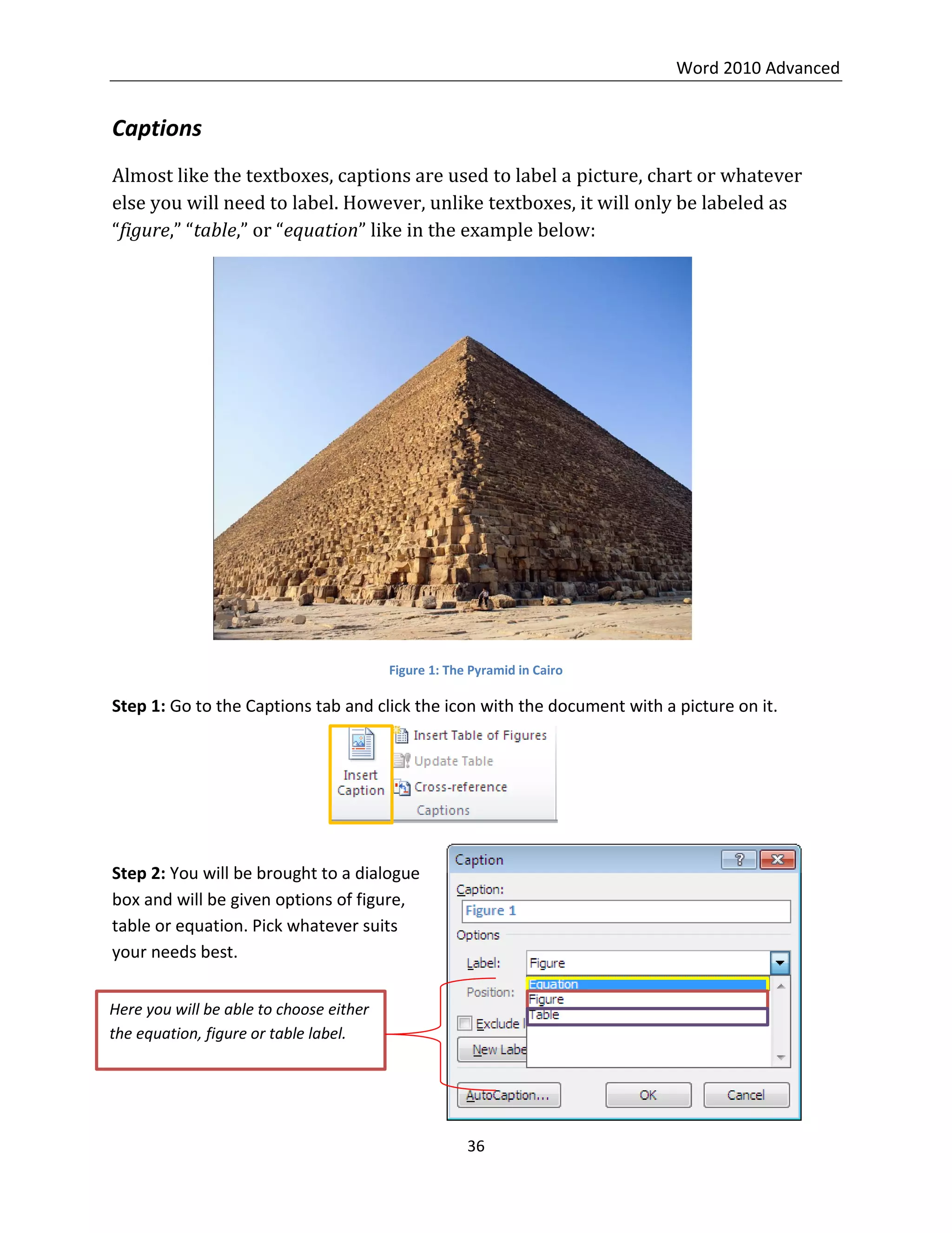Word 2010 Advanced
36
Captions
Almost like the textboxes, captions are used to label a picture, chart or whatever
else you will need to label. However, unlike textboxes, it will only be labeled as
“figure,” “table,” or “equation” like in the example below:
Figure 1: The Pyramid in Cairo
Step 1: Go to the Captions tab and click the icon with the document with a picture on it.
Step 2: You will be brought to a dialogue
box and will be given options of figure,
table or equation. Pick whatever suits
your needs best.
Here you will be able to choose either
the equation, figure or table label.
 