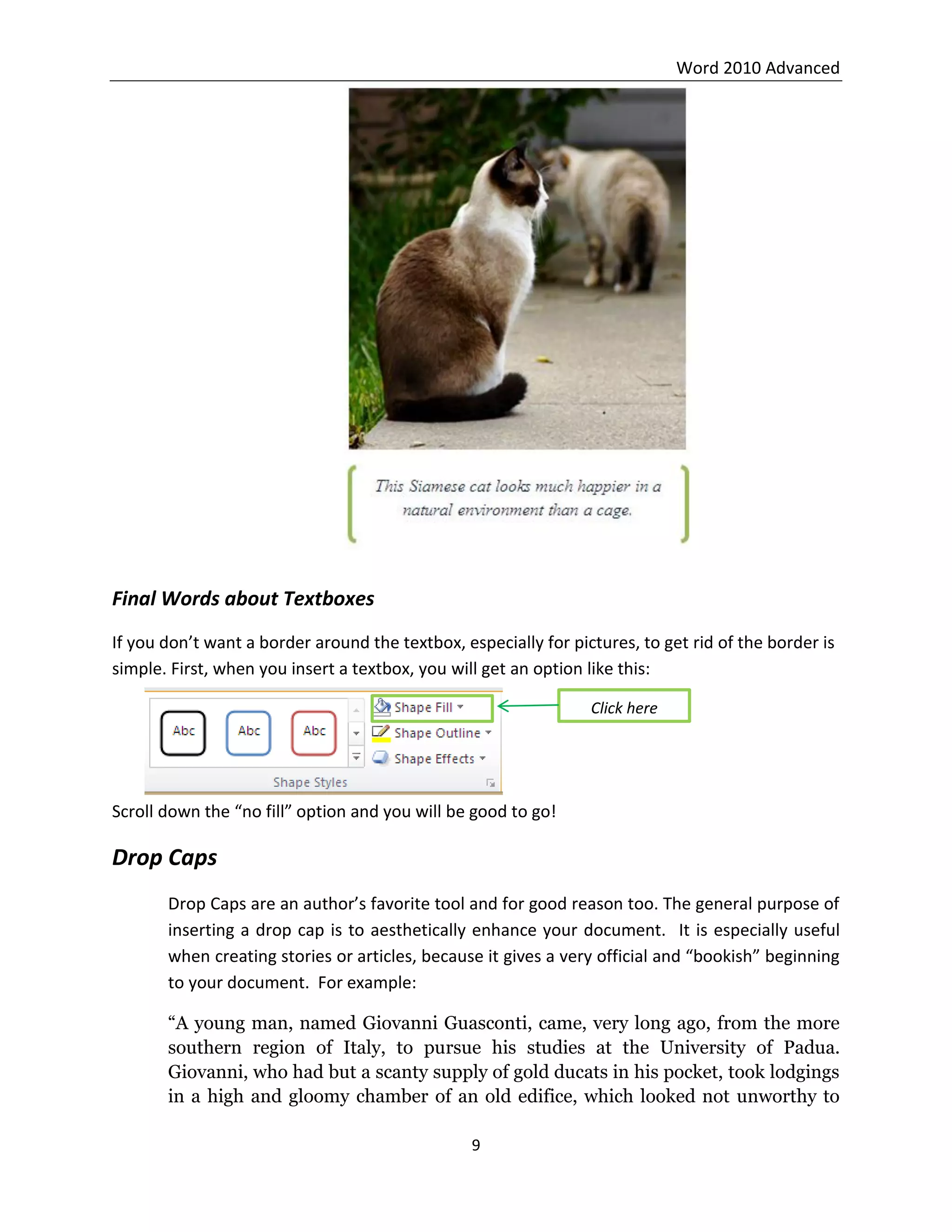 Word 2010 Advanced
9
Final Words about Textboxes
If you don’t want a border around the textbox, especially for pictures, to get rid of the border is
simple. First, when you insert a textbox, you will get an option like this:
Scroll down the “no fill” option and you will be good to go!
Drop Caps
Drop Caps are an author’s favorite tool and for good reason too. The general purpose of
inserting a drop cap is to aesthetically enhance your document. It is especially useful
when creating stories or articles, because it gives a very official and “bookish” beginning
to your document. For example:
“A young man, named Giovanni Guasconti, came, very long ago, from the more
southern region of Italy, to pursue his studies at the University of Padua.
Giovanni, who had but a scanty supply of gold ducats in his pocket, took lodgings
in a high and gloomy chamber of an old edifice, which looked not unworthy to
Click here
 