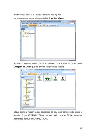 55
direita da tela abre-se a opção de consulta aos clip-Art.
No rodapé dessa janela clique no botão Organizar clipes.
Abre-se a seguinte janela. Clique no símbolo com o sinal de (+) da pasta
Coleções do Office que ele abre as categorias do clip-art.
Clique sobre a imagem a ser adicionada ao seu texto com o botão direito e
escolha Copiar (CTRL+C). Clique em seu texto onde o Clip-Art deve ser
adicionado e clique em Colar (CTRL+V)
 