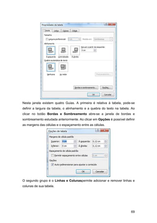 69
Nesta janela existem quatro Guias. A primeira é relativa à tabela, pode-se
definir a largura da tabela, o alinhamento e a quebra do texto na tabela. Ao
clicar no botão Bordas e Sombreamento abre-se a janela de bordas e
sombreamento estudada anteriormente. Ao clicar em Opções é possível definir
as margens das células e o espaçamento entre as células.
O segundo grupo é o Linhas e Colunaspermite adicionar e remover linhas e
colunas de sua tabela.
 