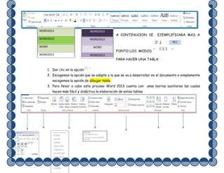 WORD2013

WORD2013

WORD2013

WORD2013

WORD

WORD

WORD2013

WORD2013

A CONTINUCION SE

EJEMPLIFICARA MAS A

FONTO LOS MODOS
PARA HACER UNA TABLA:

1. Dar clic en la opción
2. Escogemos la opción que se adapte a lo que se va a desarrollar en el documento o simplemente
escogemos la opción de dibujar tabla.
3. Para llevar a cabo este proceso Word 2013 cuenta con unas barras auxiliares las cuales
hacen más fácil y didáctica la elaboración de estas tablas

 