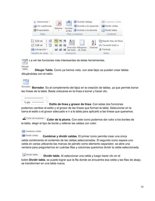 52
Vamos a ver las funciones más interesantes de éstas herramientas.
Dibujar Tabla. Como ya hemos visto, con este lápiz se pueden crear tablas
Borrador. Es el complemento del lápiz en la creación de tablas, ya que permite borrar
las líneas de la tabla. Basta colocarse en la línea a borrar y hacer clic.
Estilo de línea y grosor de línea. Con estas dos funciones
podemos cambiar el estilo y el grosor de las líneas que forman la tabla. Seleccionar en la
barra el estilo o el grosor adecuado e ir a la tabla para aplicarlo a las líneas que queramos.
Color de la pluma. Con este icono podemos dar color a los bordes de
la tabla, elegir el tipo de borde y rellenar las celdas con color.
Combinar y dividir celdas. El primer icono permite crear una única
celda combinando el contenido de las celdas seleccionadas. El segundo icono separa una
celda en varias utilizando las marcas de párrafo como elemento separador, se abre una
ventana para preguntarnos en cuántas filas y columnas queremos dividir la celda seleccionada.
Dividir tabla. Al seleccionar una celda y luego hacer clic en el
botón Dividir tabla, se puede lograr que la fila donde se encuentra esa celda y las filas de abajo,
se transformen en una tabla nueva.
dibujándolas con el ratón.
 