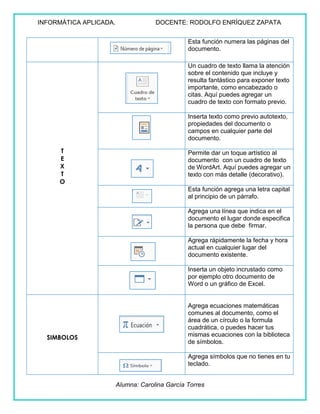 INFORMÁTICA APLICADA. DOCENTE: RODOLFO ENRÍQUEZ ZAPATA
Alumna: Carolina García Torres
Esta función numera las páginas del
documento.
T
E
X
T
O
Un cuadro de texto llama la atención
sobre el contenido que incluye y
resulta fantástico para exponer texto
importante, como encabezado o
citas. Aquí puedes agregar un
cuadro de texto con formato previo.
Inserta texto como previo autotexto,
propiedades del documento o
campos en cualquier parte del
documento.
Permite dar un toque artístico al
documento con un cuadro de texto
de WordArt. Aquí puedes agregar un
texto con más detalle (decorativo).
Esta función agrega una letra capital
al principio de un párrafo.
Agrega una línea que indica en el
documento el lugar donde especifica
la persona que debe firmar.
Agrega rápidamente la fecha y hora
actual en cualquier lugar del
documento existente.
Inserta un objeto incrustado como
por ejemplo otro documento de
Word o un gráfico de Excel.
SIMBOLOS
Agrega ecuaciones matemáticas
comunes al documento, como el
área de un círculo o la formula
cuadrática, o puedes hacer tus
mismas ecuaciones con la biblioteca
de símbolos.
Agrega símbolos que no tienes en tu
teclado.
 