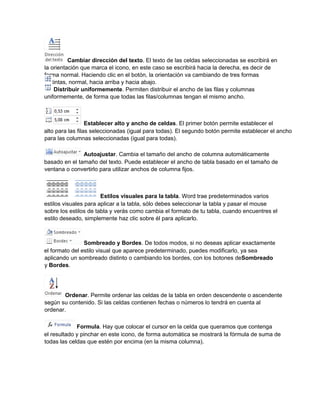 Cambiar dirección del texto. El texto de las celdas seleccionadas se escribirá en
la orientación que marca el icono, en este caso se escribirá hacia la derecha, es decir de
forma normal. Haciendo clic en el botón, la orientación va cambiando de tres formas
distintas, normal, hacia arriba y hacia abajo.
Distribuir uniformemente. Permiten distribuir el ancho de las filas y columnas
uniformemente, de forma que todas las filas/columnas tengan el mismo ancho.
Establecer alto y ancho de celdas. El primer botón permite establecer el
alto para las filas seleccionadas (igual para todas). El segundo botón permite establecer el ancho
para las columnas seleccionadas (igual para todas).
Autoajustar. Cambia el tamaño del ancho de columna automáticamente
basado en el tamaño del texto. Puede establecer el ancho de tabla basado en el tamaño de
ventana o convertirlo para utilizar anchos de columna fijos.
Estilos visuales para la tabla. Word trae predeterminados varios
estilos visuales para aplicar a la tabla, sólo debes seleccionar la tabla y pasar el mouse
sobre los estilos de tabla y verás como cambia el formato de tu tabla, cuando encuentres el
estilo deseado, simplemente haz clic sobre él para aplicarlo.
Sombreado y Bordes. De todos modos, si no deseas aplicar exactamente
el formato del estilo visual que aparece predeterminado, puedes modificarlo, ya sea
aplicando un sombreado distinto o cambiando los bordes, con los botones deSombreado
y Bordes.
Ordenar. Permite ordenar las celdas de la tabla en orden descendente o ascendente
según su contenido. Si las celdas contienen fechas o números lo tendrá en cuenta al
ordenar.
Formula. Hay que colocar el cursor en la celda que queramos que contenga
el resultado y pinchar en este icono, de forma automática se mostrará la fórmula de suma de
todas las celdas que estén por encima (en la misma columna).
 