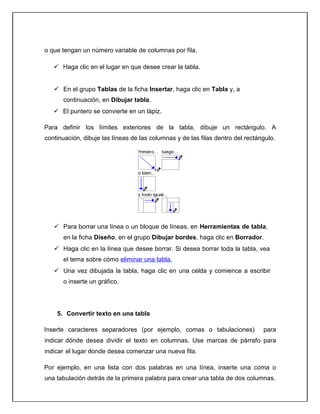 o que tengan un número variable de columnas por fila.
 Haga clic en el lugar en que desee crear la tabla.
 En el grupo Tablas de la ficha Insertar, haga clic en Tabla y, a
continuación, en Dibujar tabla.
 El puntero se convierte en un lápiz.
Para definir los límites exteriores de la tabla, dibuje un rectángulo. A
continuación, dibuje las líneas de las columnas y de las filas dentro del rectángulo.
 Para borrar una línea o un bloque de líneas, en Herramientas de tabla,
en la ficha Diseño, en el grupo Dibujar bordes, haga clic en Borrador.
 Haga clic en la línea que desee borrar. Si desea borrar toda la tabla, vea
el tema sobre cómo eliminar una tabla.
 Una vez dibujada la tabla, haga clic en una celda y comience a escribir
o inserte un gráfico.
5. Convertir texto en una tabla
Inserte caracteres separadores (por ejemplo, comas o tabulaciones) para
indicar dónde desea dividir el texto en columnas. Use marcas de párrafo para
indicar el lugar donde desea comenzar una nueva fila.
Por ejemplo, en una lista con dos palabras en una línea, inserte una coma o
una tabulación detrás de la primera palabra para crear una tabla de dos columnas.
 