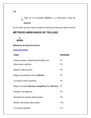 vez
 Haga clic en la pestaña Archivo y, a continuación, haga clic
en
Imprimir
En el cuadro que dice copias, escriba el número de copias que desea imprimir.
MÉTODOS ABREVIADOS DE TECLADO

WORD
Referencia de teclas de función
Teclas de función
PARA PRESIONE
Obtener ayuda o visitar Microsoft Office.com. F1
Mover texto o gráficos. F2
Repetir la última acción. F4
Elegir el comando Ir a (menú Edición). F5
Ir al panel o marco siguiente. F6
Elegir el comando Revisión ortográfica (ficha Revisar). F7
Extender una selección. F8
Actualizar los campos seleccionados. F9
Mostrar información sobre teclas. F10
Ir al campo siguiente. F11
 