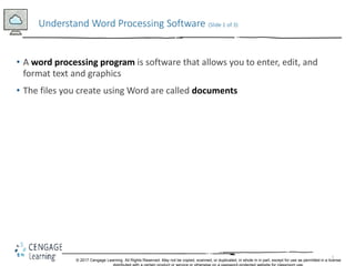 3
• A word processing program is software that allows you to enter, edit, and
format text and graphics
• The files you cre...