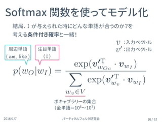 パーティクルフィルタ研究会2016/1/7 / 32
Softmax 関数を使ってモデル化
10
結局、 が与えられた時にどんな単語が合うのか？を 
考える条件付き確率と一緒！
注目単語 
（ ）
周辺単語 
( )
ボキャブラリーの集合 
（全単語＝105
〜107
）
vp(wO|wI) =
exp(v0T
wO
· vwI
)
P
wv2V exp(v0T
wv
· vwI
)
：入力ベクトル 
：出力ベクトル
p(wO|wI) =
exp(v0T
wOc
· vwI
)
X
wv2V
exp(v0T
wv
· vwI
)
 