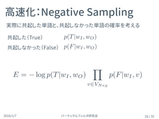 パーティクルフィルタ研究会2016/1/7 / 32
実際に共起した単語と、共起しなかった単語の確率を考える
高速化：Negative Sampling
26
共起した（True）
共起しなかった（False）
p(T|wI, wO) = (v
0T
wo · vwI
)
p(F|wI, wO) = 1 (v
0T
wo · vwI
)
E = log p(T|wI , wO)
Y
v2VNeg
p(F|wI , v)
 