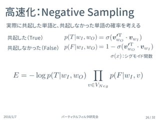 パーティクルフィルタ研究会2016/1/7 / 32
実際に共起した単語と、共起しなかった単語の確率を考える
高速化：Negative Sampling
26
共起した（True）
共起しなかった（False）
p(T|wI, wO) = (v
0T
wo · vwI
)
p(F|wI, wO) = 1 (v
0T
wo · vwI
)
E = log p(T|wI , wO)
Y
v2VNeg
p(F|wI , v)
：シグモイド関数(x)
= 1 (v0T
wO
· vwI
)
= (v0T
wO
· vwI
)
 