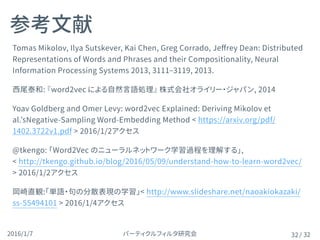 パーティクルフィルタ研究会2016/1/7 / 32
Tomas Mikolov, Ilya Sutskever, Kai Chen, Greg Corrado, Jeﬀrey Dean: Distributed
Representations of Words and Phrases and their Compositionality, Neural
Information Processing Systems 2013, 3111–3119, 2013.
西尾泰和: 『word2vec による自然言語処理』 株式会社オライリー・ジャパン, 2014
Yoav Goldberg and Omer Levy: word2vec Explained: Deriving Mikolov et
al.’sNegative-Sampling Word-Embedding Method < https://arxiv.org/pdf/
1402.3722v1.pdf > 2016/1/2アクセス
@tkengo: 「Word2Vec のニューラルネットワーク学習過程を理解する」, 
< http://tkengo.github.io/blog/2016/05/09/understand-how-to-learn-word2vec/
> 2016/1/2アクセス
岡崎直観:「単語・句の分散表現の学習」< http://www.slideshare.net/naoakiokazaki/
ss-55494101 > 2016/1/4アクセス
参考文献
32
 