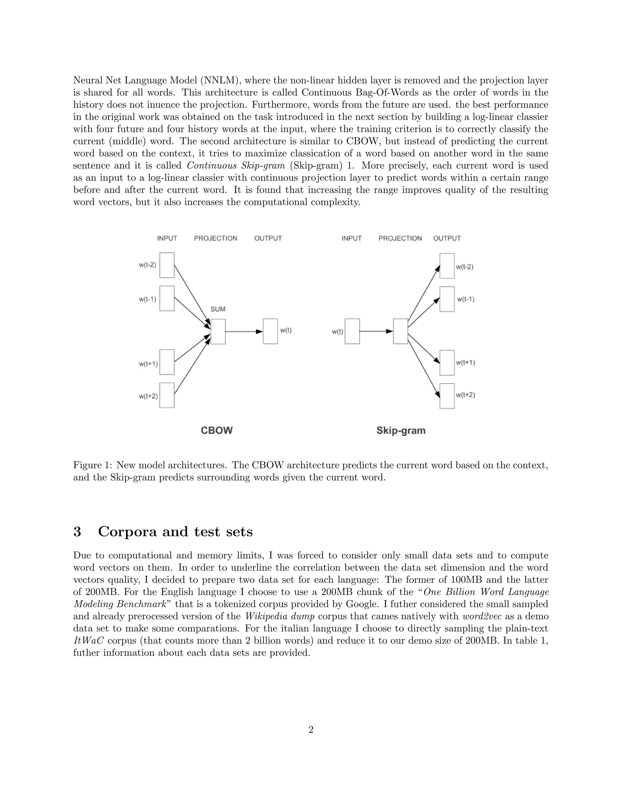 Neural Net Language Model (NNLM), where the non-linear hidden layer is removed and the projection layer
is shared for all words. This architecture is called Continuous Bag-Of-Words as the order of words in the
history does not inuence the projection. Furthermore, words from the future are used. the best performance
in the original work was obtained on the task introduced in the next section by building a log-linear classier
with four future and four history words at the input, where the training criterion is to correctly classify the
current (middle) word. The second architecture is similar to CBOW, but instead of predicting the current
word based on the context, it tries to maximize classication of a word based on another word in the same
sentence and it is called Continuous Skip-gram (Skip-gram) 1. More precisely, each current word is used
as an input to a log-linear classier with continuous projection layer to predict words within a certain range
before and after the current word. It is found that increasing the range improves quality of the resulting
word vectors, but it also increases the computational complexity.
Figure 1: New model architectures. The CBOW architecture predicts the current word based on the context,
and the Skip-gram predicts surrounding words given the current word.
3 Corpora and test sets
Due to computational and memory limits, I was forced to consider only small data sets and to compute
word vectors on them. In order to underline the correlation between the data set dimension and the word
vectors quality, I decided to prepare two data set for each language: The former of 100MB and the latter
of 200MB. For the English language I choose to use a 200MB chunk of the “One Billion Word Language
Modeling Benchmark” that is a tokenized corpus provided by Google. I futher considered the small sampled
and already prerocessed version of the Wikipedia dump corpus that cames natively with word2vec as a demo
data set to make some comparations. For the italian language I choose to directly sampling the plain-text
ItWaC corpus (that counts more than 2 billion words) and reduce it to our demo size of 200MB. In table 1,
futher information about each data sets are provided.
2
 