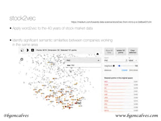 www.bgoncalves.com@bgoncalves
stock2vec
• Apply word2vec to the 40 years of stock market data
• Identify signiﬁcant semantic similarities between companies working
in the same area
https://medium.com/towards-data-science/stock2vec-from-ml-to-p-e-2e6ba407c24
 