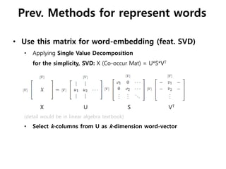 • Use this matrix for word-embedding (feat. SVD)
• Applying Single Value Decomposition
for the simplicity, SVD: X (Co-occur Mat) = U*S*VT
X U S VT
(detail would be in linear algebra textbook)
• Select k-columns from U as k-dimension word-vector
Prev. Methods for represent words
 