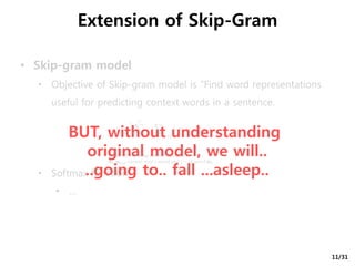 • Skip-gram model
• Objective of Skip-gram model is “Find word representations
useful for predicting context words in a sentence.
• Softmax function
• …
Extension of Skip-Gram
𝑻: 𝑤ℎ𝑜𝑙𝑒 𝑠𝑡𝑒𝑝
𝒄: 𝑠𝑖𝑧𝑒 𝑜𝑓 𝑡𝑟𝑎𝑖𝑛𝑖𝑛𝑔 𝑐𝑜𝑛𝑡𝑒𝑥𝑡 𝑤𝑖𝑛𝑑𝑜𝑤
𝒘𝒕, 𝒘𝒕+𝒋: 𝑐𝑢𝑟𝑒𝑛𝑡 𝑠𝑡𝑒𝑝′ 𝑠 𝑤𝑜𝑟𝑑 𝑎𝑛𝑑 𝑗 − 𝑡ℎ 𝑤𝑜𝑟𝑑 𝒘𝒕
BUT, without understanding
original model, we will..
..going to.. fall ...asleep..
11/31
 