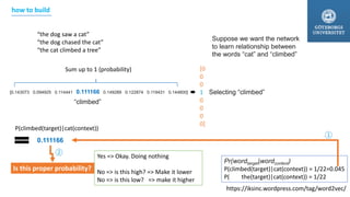 https://iksinc.wordpress.com/tag/word2vec/
“the dog saw a cat”
“the dog chased the cat”
“the cat climbed a tree”
Pr(wordtarget|wordcontext)
P(climbed(target)|cat(context)) = 1/22=0.045
P( the(target)|cat(context)) = 1/22
Suppose we want the network
to learn relationship between
the words “cat” and “climbed”
[0
0
0
1
0
0
0
0]
Selecting “climbed”[0.143073 0.094925 0.114441 0.111166 0.149289 0.122874 0.119431 0.144800]
“climbed”
0.111166
Is this proper probability?
Yes => Okay. Doing nothing
No => is this high? => Make it lower
No => is this low? => make it higher
1
2
Sum up to 1 (probability)
P(climbed(target)|cat(context))
how to build
 