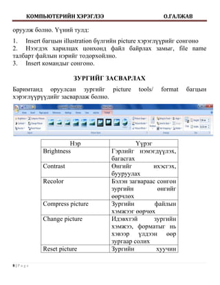КОМПЬЮТЕРИЙН ХЭРЭГЛЭЭ                         О.ГАЛЖАВ

оруулж болно. Үүний тулд:
1. Insert багцын illustration бүлгийн picture хэрэглүүрийг сонгоно
2. Нээгдэх харилцах цонхонд файл байрлах замыг, file name
талбарт файлын нэрийг тодорхойлно.
3. Insert командыг сонгоно.

                     ЗУРГИЙГ ЗАСВАРЛАХ
Баримтанд оруулсан зургийг picture        tools/   format   багцын
хэрэглүүрүүдийг засварлаж болно.




                    Нэр                   Үүрэг
          Brightness             Гэрлийг нэмэгдүүлэх,
                                 багасгах
          Contrast               Өнгийг         ихэсгэх,
                                 бууруулах
          Recolor                Бэлэн загвараас сонгон
                                 зургийн         өнгийг
                                 өөрчлөх
          Compress picture       Зургийн        файлын
                                 хэмжээг өөрчөх
          Change picture         Идэвхтэй       зургийн
                                 хэмжээ, форматыг нь
                                 хэвээр үлдээн өөр
                                 зургаар солих
          Reset picture          Зургийн         хуучин

8|Page
 