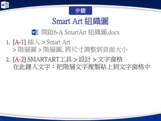 Smart Art 組織圖
開啟6-A SmartArt 組織圖.docx
1. [A-1] 插入 > Smart Art
> 階層圖 > 階層圖, 將尺寸調整到頁面大小
2. [A-2] SMARTART工具 > 設計 > 文字窗格
在此鍵入文字：把階層文字複製貼上到文字窗格中
13
步驟
 