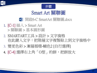 Smart Art 關聯圖
開啟6-C SmartArt 關聯圖.docx
1. [C-1] 插入 > Smart Art
> 關聯圖 > 基本圓形圖
2. SMARTART工具 > 設計 > 文字窗格
在此鍵入文字：把階層文字複製貼上到文字窗格中
3. 變更色彩 > 漸層循環-輔色2 [自行選擇]
4. [C-4] 選擇右上角「O型」的餅，把餅放大
23
步驟
 