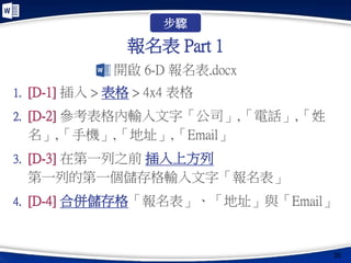 報名表 Part 1
開啟 6-D 報名表.docx
1. [D-1] 插入 > 表格 > 4x4 表格
2. [D-2] 參考表格內輸入文字「公司」,「電話」,「姓
名」,「手機」,「地址」,「Email」
3. [D-3] 在第一列之前 插入上方列
第一列的第一個儲存格輸入文字「報名表」
4. [D-4] 合併儲存格「報名表」、「地址」與「Email」
35
步驟
 
