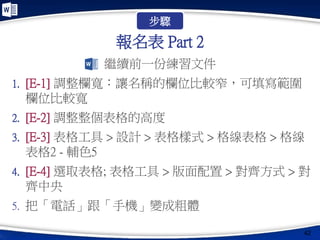 報名表 Part 2
繼續前一份練習文件
1. [E-1] 調整欄寬：讓名稱的欄位比較窄，可填寫範圍
欄位比較寬
2. [E-2] 調整整個表格的高度
3. [E-3] 表格工具 > 設計 > 表格樣式 > 格線表格 > 格線
表格2 - 輔色5
4. [E-4] 選取表格; 表格工具 > 版面配置 > 對齊方式 > 對
齊中央
5. 把「電話」跟「手機」變成粗體
42
步驟
 