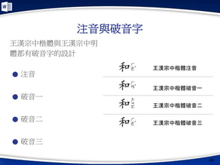 注音與破音字
49
王漢宗中楷體與王漢宗中明
體都有破音字的設計
● 注音
● 破音一
● 破音二
● 破音三
王漢宗中楷體注音
王漢宗中楷體破音一
王漢宗中楷體破音二
王漢宗中楷體破音三
 