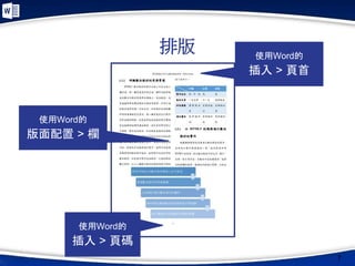 排版
7
使用Word的
插入 > 頁碼
使用Word的
插入 > 頁首
使用Word的
版面配置 > 欄
 