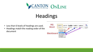 Headings
• Less than 6 levels of headings are used.
• Headings match the reading order of the
document
 