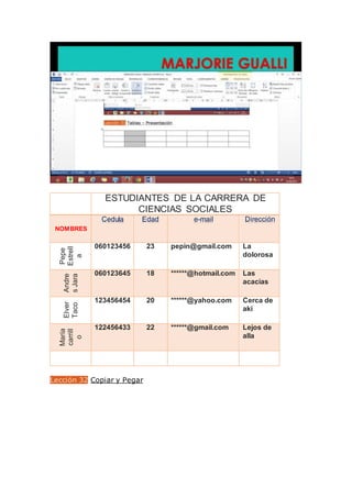 ESTUDIANTES DE LA CARRERA DE
CIENCIAS SOCIALES
NOMBRES
Cedula Edad e-mail Dirección
Pepe
Estrell
a
060123456 23 pepin@gmail.com La
dolorosa
Andre
sJara
060123645 18 ******@hotmail.com Las
acacias
Elver
Taco
123456454 20 ******@yahoo.com Cerca de
aki
María
carrill
o
122456433 22 ******@gmail.com Lejos de
alla
Lección 32 Copiar y Pegar
 