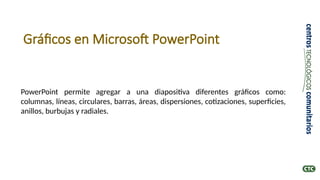 Gráficos en Microsoft PowerPoint
PowerPoint permite agregar a una diapositiva diferentes gráficos como:
columnas, líneas, circulares, barras, áreas, dispersiones, cotizaciones, superficies,
anillos, burbujas y radiales.
 