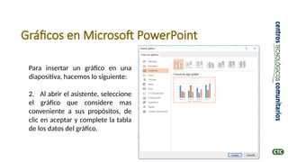 Gráficos en Microsoft PowerPoint
Para insertar un gráfico en una
diapositiva, hacemos lo siguiente:
2. Al abrir el asistente, seleccione
el gráfico que considere mas
conveniente a sus propósitos, de
clic en aceptar y complete la tabla
de los datos del gráfico.
 