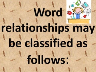 Word
relationships may
be classified as
follows:
 